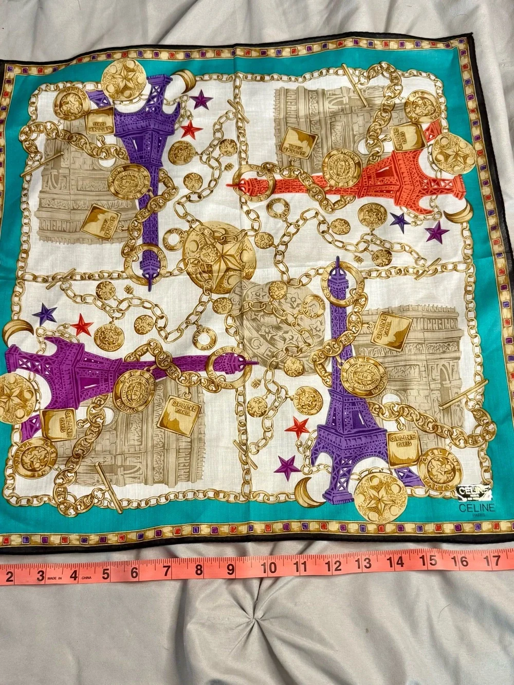 Vintage CELINE Paris Eiffel Tower Chain Print Scarf / Handkerchief